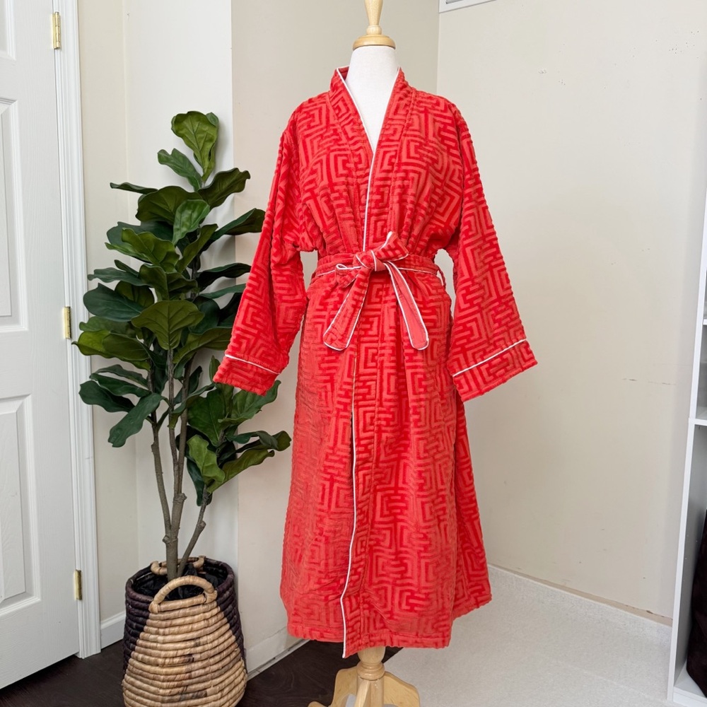Orange Red Textured Velvet Bath Robe - Picture 3 of 13